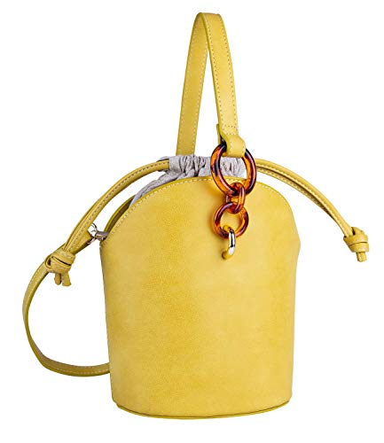 SIX Damen Handtasche, Henkeltasche in senfgelb mit Kordelverschluss, goldenen Details und Ringen in Hornoptik (726-666)