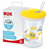 NUK Kunststoff, Action Cup Trinkbecher Kinder | 12+ Monate | 230 ml | Drehdeckel mit weichem Strohhalm | auslaufsicher | BPA-frei | gelbe Katze