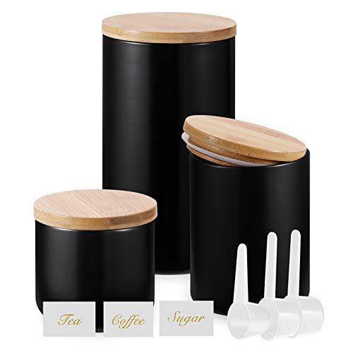 Yangbaga Vorratsdosen Set Keramik mit Bamboos Dekel, 3PCS Kaffeedosen mit Löffel und Eittiken, Schwarz
