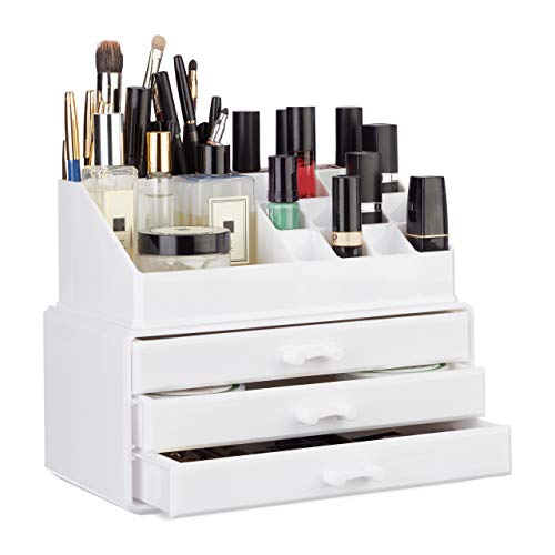 Relaxdays Make Up Organizer klein, 2-teilige Schminkaufbewahrung mit 3 Schubladen, stapelbares Kosmetikregal, weiß, 14 x 23.5 x 19 cm