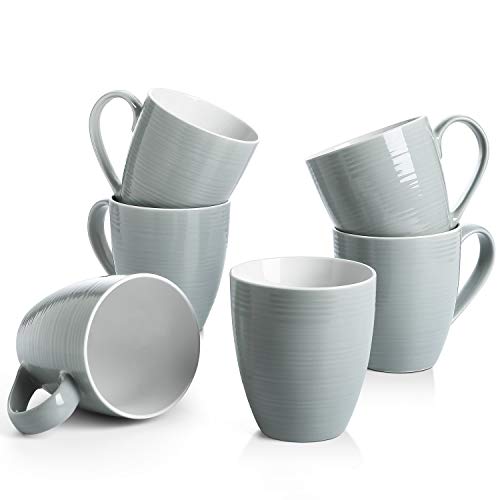 DOWAN Kaffeebecher-Set, 500 ml Kaffeetassen Set von 6 mit Henkel, Keramikbecher für Kaffee, Tee und Kakao, große Tassen-Set für Tee und Kaffeeliebhaber, Spülmaschinenfest & mikrowellengeeignet | Grau