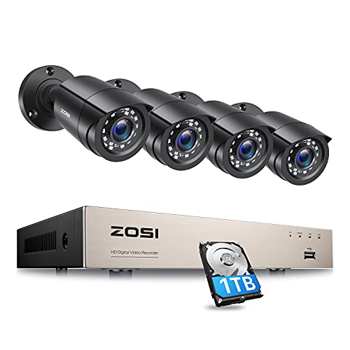 ZOSI 1080p Außen Video Überwachungskamera Set 8CH 5MP Lite DVR Recorder mit 1TB Festplatte und 4 Outdoor 2MP Kamera System, Bewegungserkennung, App E-Mail Alarm