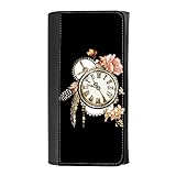 Steampunk-Aquarell-Feder, Rose und Uhr, gemusterte Lederschnalle, dreifach faltbar, mit Kreditkartenhalter, Versicherung für Smartphones
