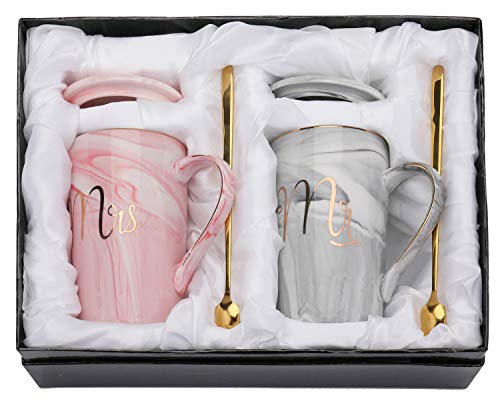 Yesland Kaffeetassen mit Deckel und Löffel Mr. & Mrs Hochzeitsgeschenke, 400ML
