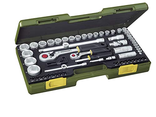 PROXXON Steckschlüsselsatz, Komplettsatz mit 1/4'' und 1/2''-Umschaltratsche, 65-teiliges Werkzeug-Set mit Kunststoffkoffer, 23286