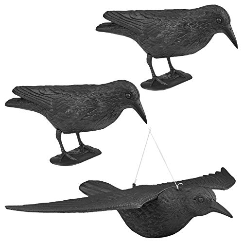 WELLGRO 3 x Vogelschreck - 2 x Krähe sitzend & 1 x Krähe fliegend - Kunststoff, schwarz