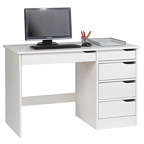 IDIMEX Schreibtisch Hugo aus massiver Kiefer in weiß, schöner Schülerschreibtisch mit 5 Schubladen, praktischer Bürotisch mit Querstrebe für Stabilität