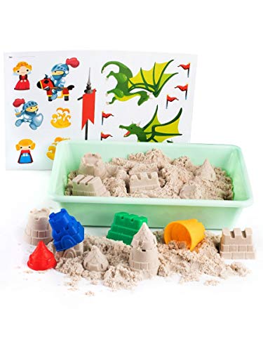 GenioKids Kinetischer Sand Castle Set - 1 kg Magischer Sand, 8 Sandknete Burgenförmchen Zubehör - Zaubersand Knetsand Kinder, Mädchen und Jungen