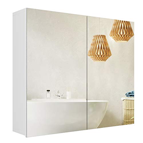 Homfa Spiegelschrank Badezimmerschrank Badschrank Spiegel mit Doppeltüriger Badezimmerspiegel Wandschrank verstellbaren Einlegeböden Holz weiß 70x15x60cm
