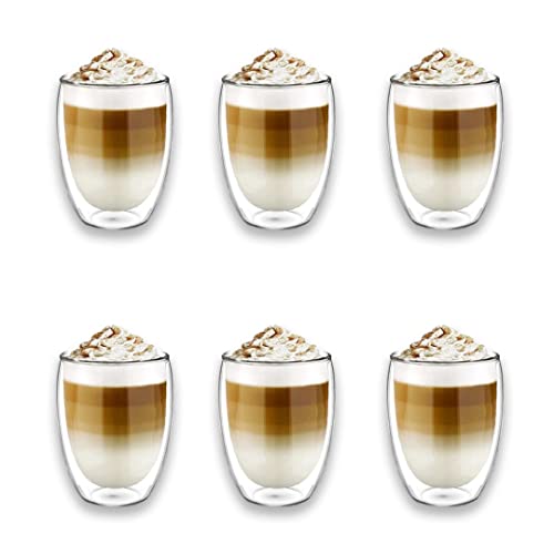 Latte macchiato gläser set 6 x 350 ml | Thermogläser Doppelwandig | Kaffeeglas, Trinkgläser, Teegläser, Cappuccino Gläser aus Borosilikatglas (6x350ml Prime)