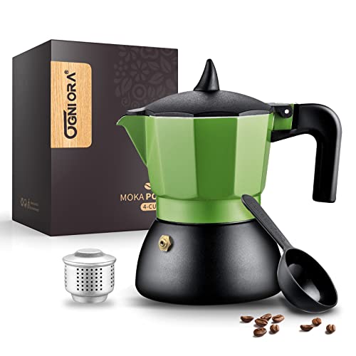 OGNI ORA Espressokocher Induktion geeignet, (4 Tassen-150 ml) Camping Kaffeekocher Doppelventil-Mokkakanne zur Vermeidung von Kaffeespritzern, für Gas, Elektro-Herd und Ceran-Feld