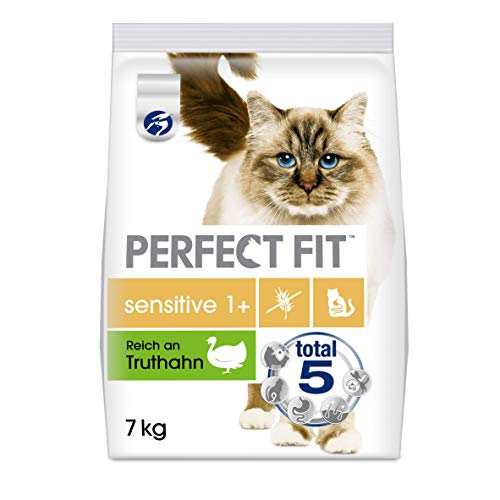 Perfect Fit Sensitive 1+ – Trockenfutter für erwachsene, sensible Katzen ab 1 Jahr – Reich an Truthahn – Ohne Weizen und Soja – Unterstützt die Verdauung – 1 x 7 kg