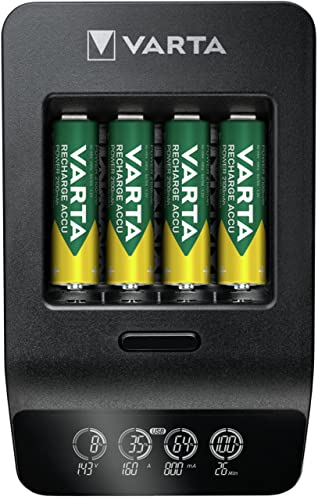 VARTA Smart Charger+, Ladegerät für Akkus in AA/AAA, Einzelschachtladung, Erkennung von defekten Zellen, Akkus laden und auffrischen, inkl. 4x VARTA AA 2100mAh Akku