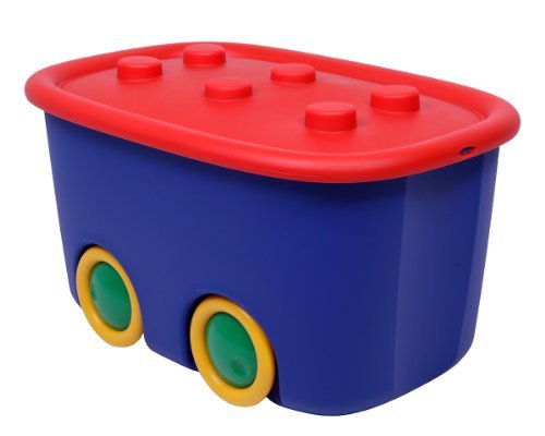 Ondis24 Spielzeugaufbewahrungsbox Spielzeugkiste Aufbewahrungsbox Kinder Spielzeugbox Funny mit großen Rädern und aufliegendem Deckel, rot blau
