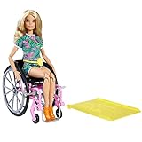 Barbie GRB93 - Fashionistas Puppe mit Rollstuhl und langen blonden Haaren, Jumpsuit mit Tropenmuster, orangenen Schuhen und Zitronen-Gürteltasche, Spielzeug für Kinder von 3 bis 8 Jahren