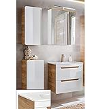 Lomadox Badezimmermöbel Set in Hochglanz weiß mit Wotaneiche, 60cm Keramik-Waschtisch mit Unterschrank, LED-Spiegelschrank, Unterschrank & Hängeschrank