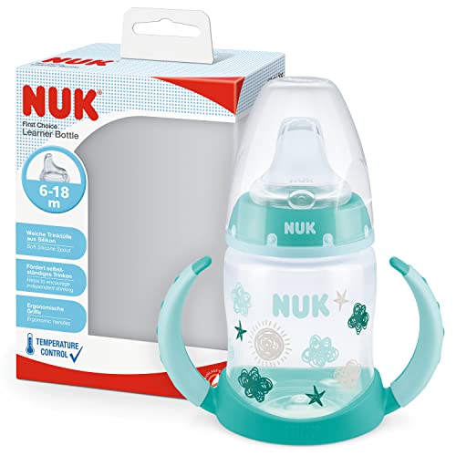 NUK First Choice+ Trinklernflasche | 6–18 Monate | 150 ml | Temperature Control Anzeige | auslaufsichere Trinkschnabel | Ergonomische Griffe | BPA-frei | Wolke