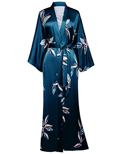 BABEYOND Damen Morgenmantel Blätter Muster Maxi Lang Robe Kimono Sommer Satin Bademantel Damen Strandkleid Leicht Schlafmantel (Dunkelgrün, Einheitsgröße)