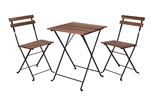 Holz Bistroset - 2 Metall Stühle und Bistrotisch - Sitzgruppe Balkonmöbel Balkon Set Klappstuhl Klapptisch
