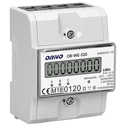 ORNO OR-WE-520 Stromzähler Hutschiene 3-Phasen-Anzeige des Stromverbrauchs mit MID Zertifikat, 0,25A - 80A,3 x 230V/400V, 50/60Hz, 800 imp/kWh