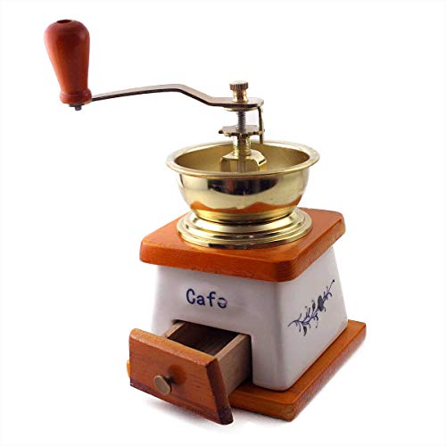 Bezaubernde Retro Kaffeemühle im Antik Design aus Holz, Messing & Keramik gefertigt Espressomühle für Kaffee Bohnen