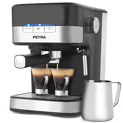 Petra PT4623VDEEU7 Pro Barista Espressomaschine, einfacher oder doppelter shot, Flach weiß, Caffè Latte, Cappuccinomaschine, italienische 15 bar Druckpumpe mit Milchschaumdüse, 1.5L Wassertank, 850W