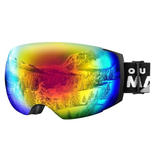OutdoorMaster Unisex Skibrille PRO Damen Herren mit wechselgläsern, 100% UV-Schutz Schneebrille Skibrille für brillenträger, Anti-Nebel Snowboard Brille Ski Goggles für Jungen und Mädchen (Schwarzer Rahmen Revo Buntes Objektiv VLT15%)
