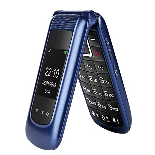 GSM Seniorenhandy Klapphandy ohne Vertrag,Großtasten Mobiltelefon Einfach und Tasten Notruffunktion,2.4 +1.7 Zoll Dual Display Handy für Senioren (Blau)