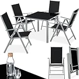 tectake® Gartenmöbel Set mit Tisch und 4 klappbaren Stühlen mit Verstellbarer Rückenlehne, Aluminium Gartenmöbel 4+1, Sicherheitsglas Tischplatte, Gartentisch mit Stühlen, wetterfest - Silber grau