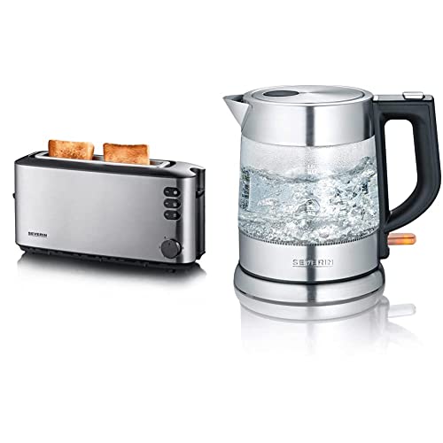 SEVERIN AT 2515 Automatik-Toaster (1.000 W, 1 Langschlitzkammer, Für bis zu 2 Brotscheiben) edelstahl/schwarz & WK 3468 Glas-Wasserkocher (ca. 2.200 W, 1 L) edelstahl/schwarz