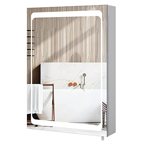 FOREHILL Edelstahl Spiegelschrank mit LED Beleuchtung Hängeschrank Eintüriger mit Wandspiegel für Bad 50x13x72cm