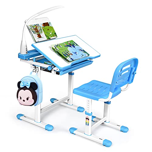 RELAX4LIFE Höhenverstellbarer Kinderschreibtisch mit Stuhl, Schülerschreibtisch mit Augenschutzlampe, Schreibtischset mit Verstellbarer Rückenlehne, Kindertisch mit kippbarer Tischplatte (Blau)