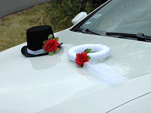 Schleier UND Hut Autoschmuck Rose Car Dekoration Hochzeit Wedding ®Auto-schmuck (Rot)