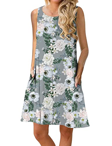 CHERFLY Damen Sommerkleid Casual Kurzes Freizeitkleid Ärmellos Tank-Kleid mit Taschen (Floraler Grauer Lotus,M)