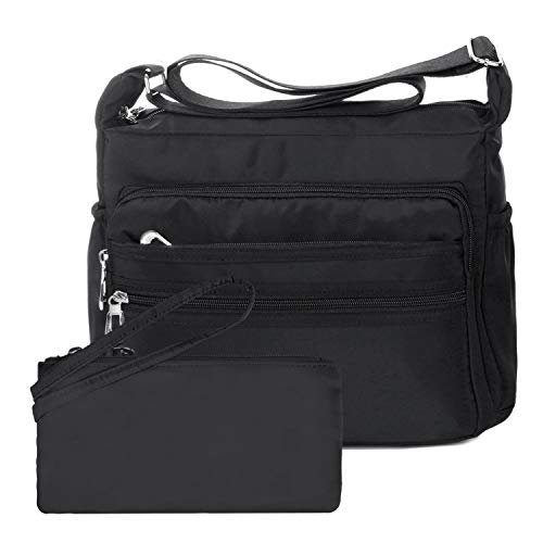 NOTAG Umhängetasche Damen, Wasserdicht Nylon Schultertasche Mehrfachtasche Handtasche mit RFID Geldbörse (L, Schwarz)