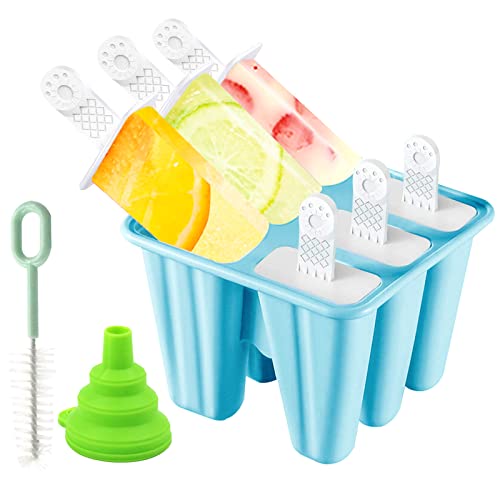 Eisformen Silikon - 6 Eisformen Popsicle Formen Silikon, Eisförmchen Kinder BPA Frei, Eisformen Eis am Stiel mit Reinigungsbürste und Falttrichter, DIY Popsicle Formen für Baby Erwachsene (Blau)