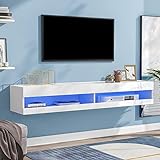 Merax TV-Lowboard mit LED-Beleuchtung, hängend Fernsehschrank Fernsehtisch in Hochglanz mit viel Stauraum für Ihr Wohnzimmer, 140 x 40 x 30.5cm, Weiß