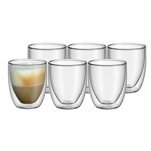 WMF Kult doppelwandige Cappuccino Gläser Set 6-teilig, Schwebeeffekt, Thermogläser, hitzebeständiges Teeglas, Kaffeeglas, Klar, doppelwandige Gläser 250ml