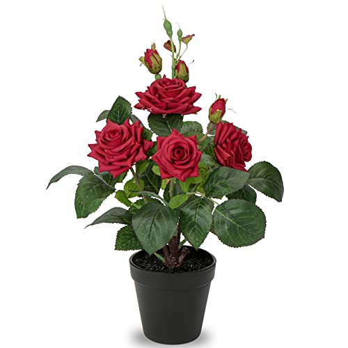34CM Kunstblumen Rosenbusch Künstliche Pflanzen Kunstrosen im Topf Rosenstrauch Deko Wohnzimmer, Balkon, Terrasse, Garten, Hochzeit