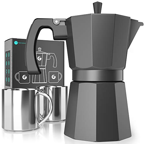 Coffee Gator-Espresso-Moka-Kanne – Induktionsfreundlicher, schneller Kochfeld-Kaffeekocher – 2 Edelstahlbecher inkl. – 350 ml / 6 Tassen Brühkapazität