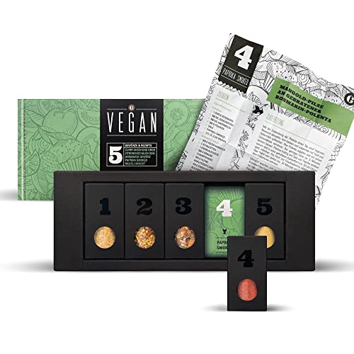 MEIN GENUSS Gewürzset Vegan – 5 unterschiedliche Gewürze & Kräuter + 5 vegane Rezepte - Geschenk für Veganer & Einsteiger! - Perfekt für die vegane Ernährung - Gewürz-Probierset