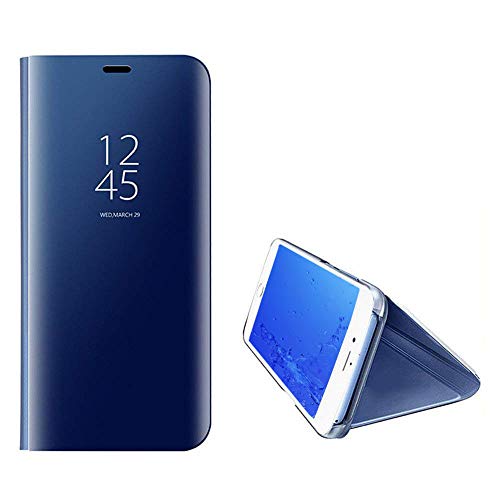 Yobby Luxus Spiegel Hülle für Samsung Galaxy A7 2018/A750,Handyhülle Technologie Überzug Durchsichtig Clever Aussicht Fenster Stand PC Flip Cover Schlank Schutzhülle-Blau