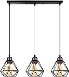 TOKIUS 3-flammig Pendelleuchte Vintage Industrial Hängelampe mit Geometrischem Design E27 Lampe aus Eisen Käfig Lampenschirm Schwarz Hängeleuchte für Esstisch Küche (Pendellampe, Balken)