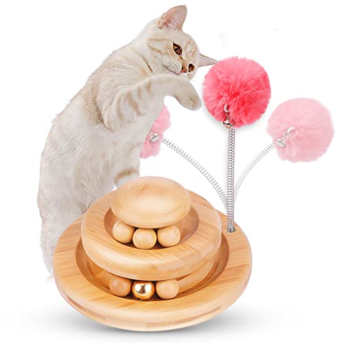Merpin Interaktives Katzenspielzeug aus Holz zweilagig drehbar Smart Track Ball Schaukelrolle Geschenke Turntable (3 Schichten rote Kugeln)