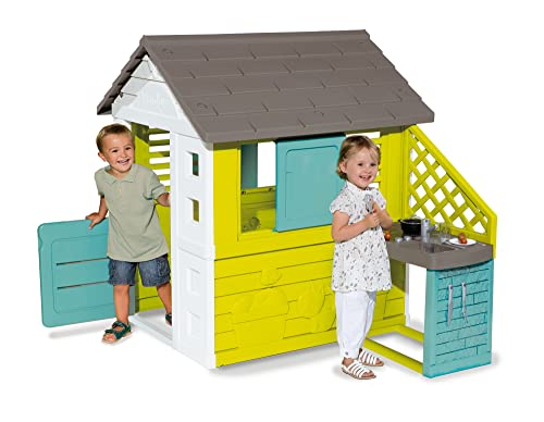 Smoby – Pretty Haus - Spielhaus für Kinder für drinnen und draußen, mit Küche und Küchenspielzeug (17 teilig), Gartenhaus für Jungen und Mädchen ab 2 Jahren