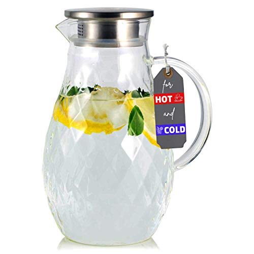 Karaffe aus Borosilikatglas mit Deckel - Glaskaraffe mit einzigartigem Rautenmuster für 2 Liter kaltes oder heißes Wasser - Wasserkaraffe und Getränkekanne für hausgemachten Eistee und Saft