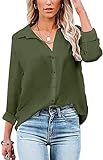 Damen Bluse Elegant V-Ausschnitt Hemd Langarm Arbeit Oberteile Casual Tunika Shirt Lose Langarmshirt Tops (Grün,S)