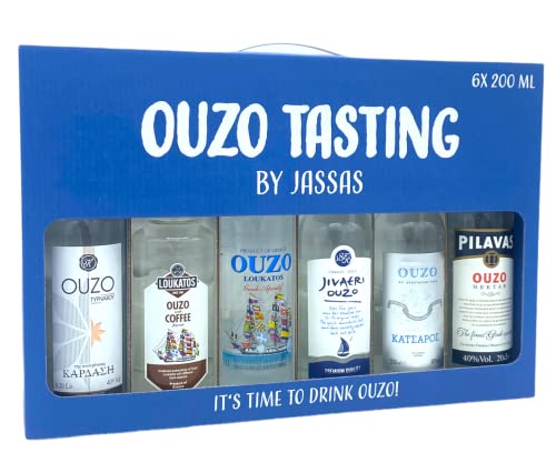 Ouzo Tasting by Jassas 6x 200ml in Geschenkbox | Variante 1 | Feinster Ouzo aus Griechenland | Ouzo Probierset
