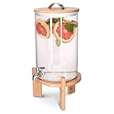 Navaris 7L Getränkespender mit Zapfhahn aus Edelstahl - Glas Wasserspender mit Stand aus Bambus Holz - Spender aus hitzebeständigem Borosilikatglas