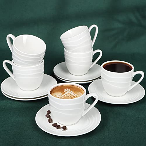 Kaffeetassen Set 6 Personen mit Untertasse Weiß Rund, Kaffeeservice 12 Teiliges 200ml, für Cappuccino Tassen, Teetassen, Weiss Steingut Geschirrset mit Unregelmäßigen Linien(2 Sets 12 Personen)